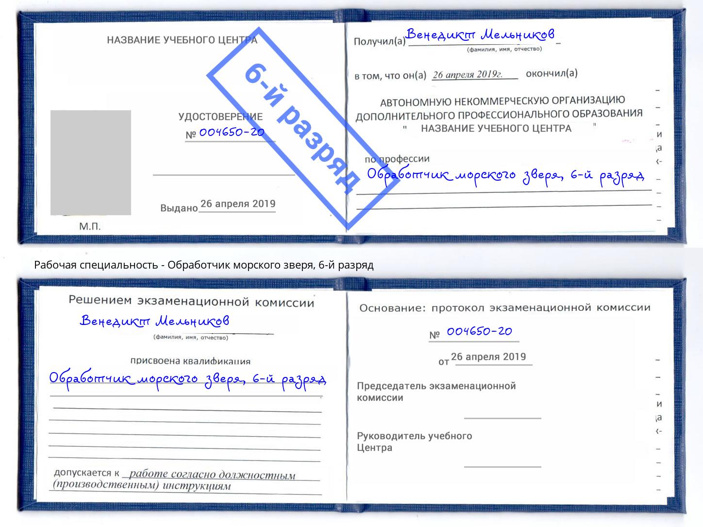 корочка 6-й разряд Обработчик морского зверя Иркутск