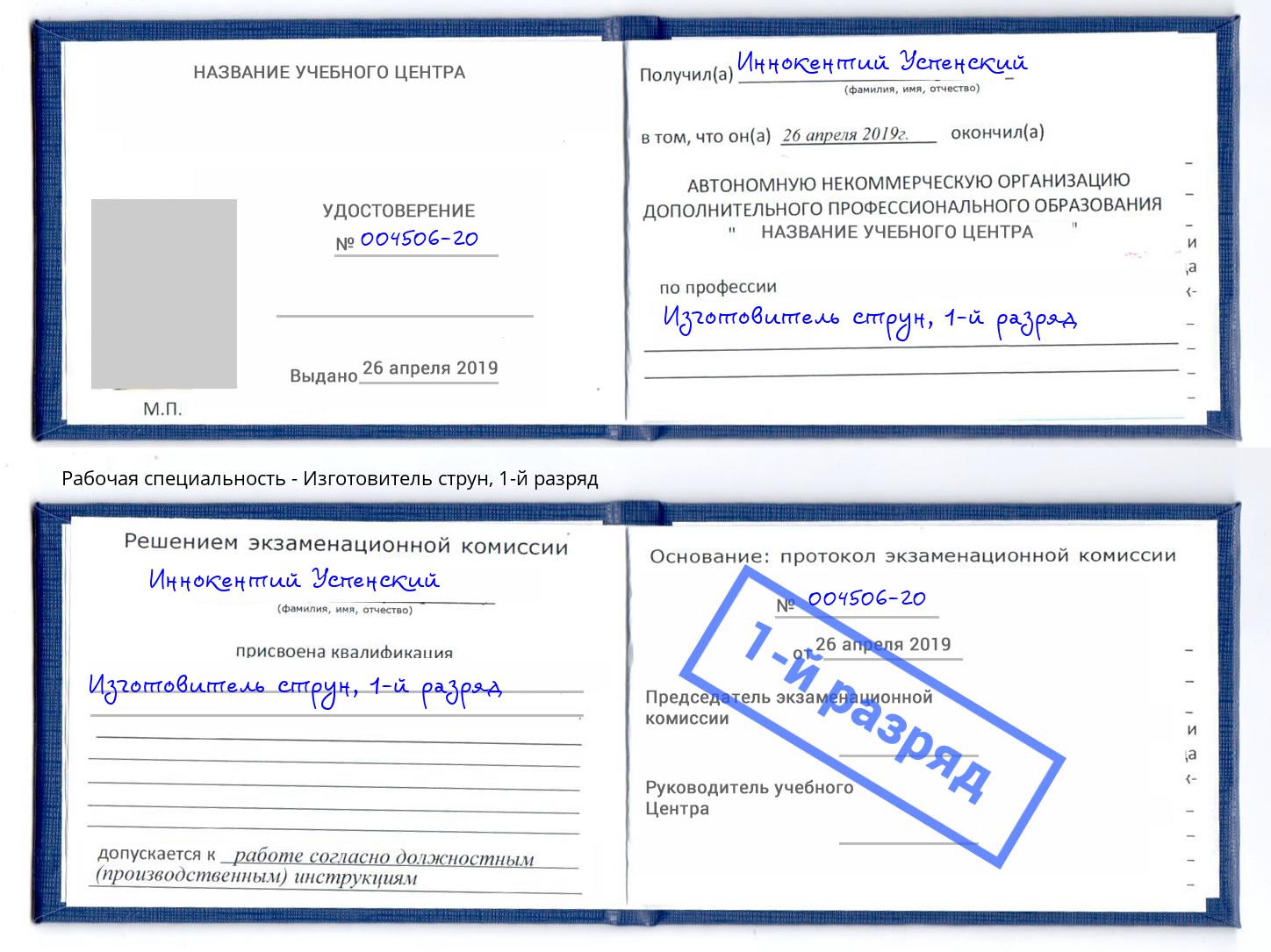 корочка 1-й разряд Изготовитель струн Иркутск