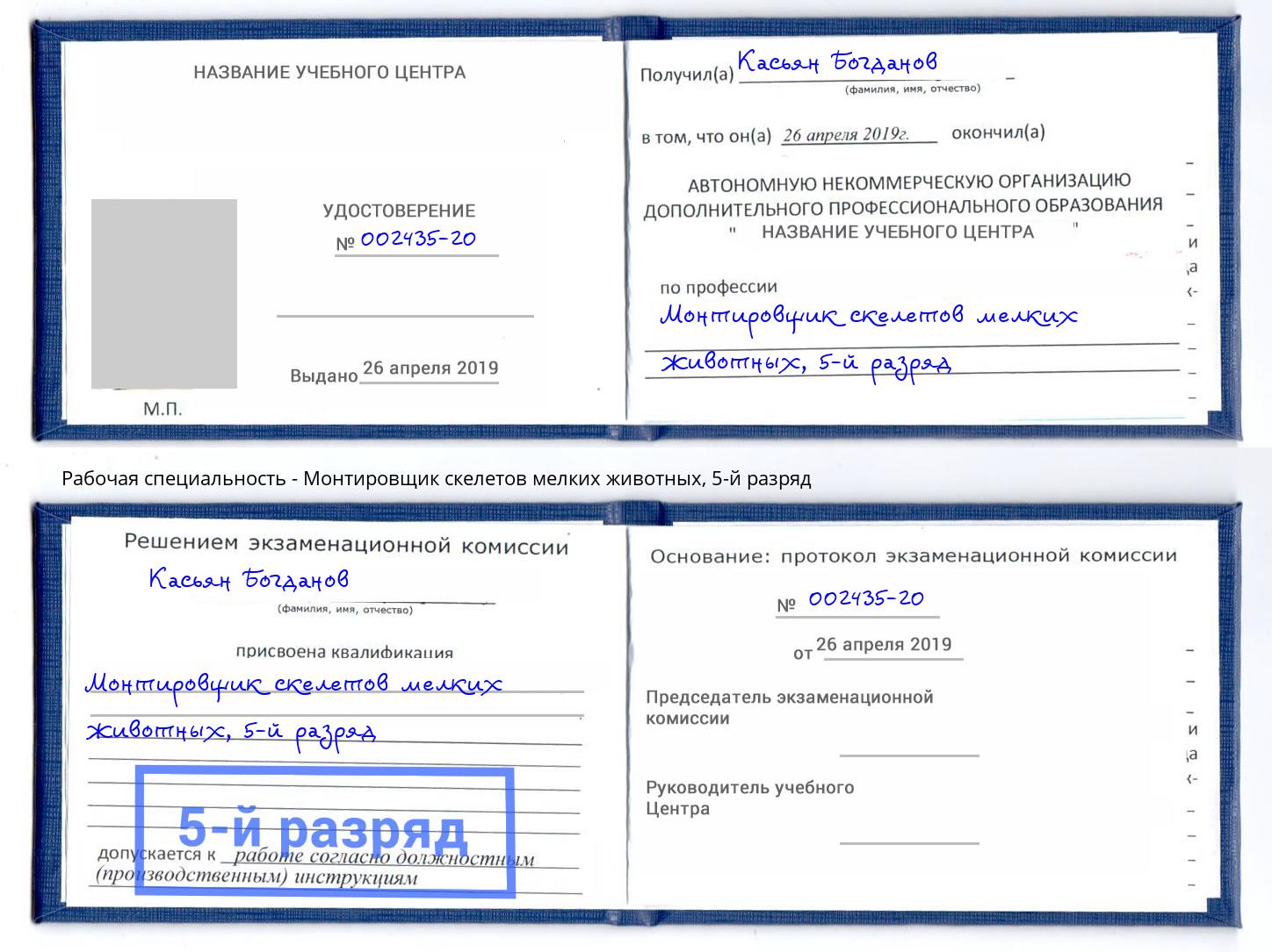 корочка 5-й разряд Монтировщик скелетов мелких животных Иркутск