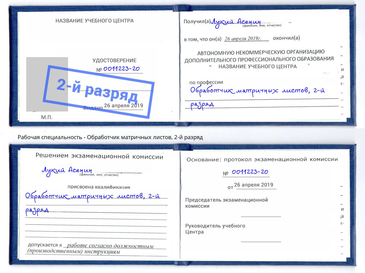 корочка 2-й разряд Обработчик матричных листов Иркутск